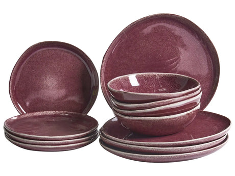 Set of 12 Pieces Burgundy Stoneware Kaolin Handmade Reactive Glaze Finish Service for 4 People Kitchen Dining Room Beliani