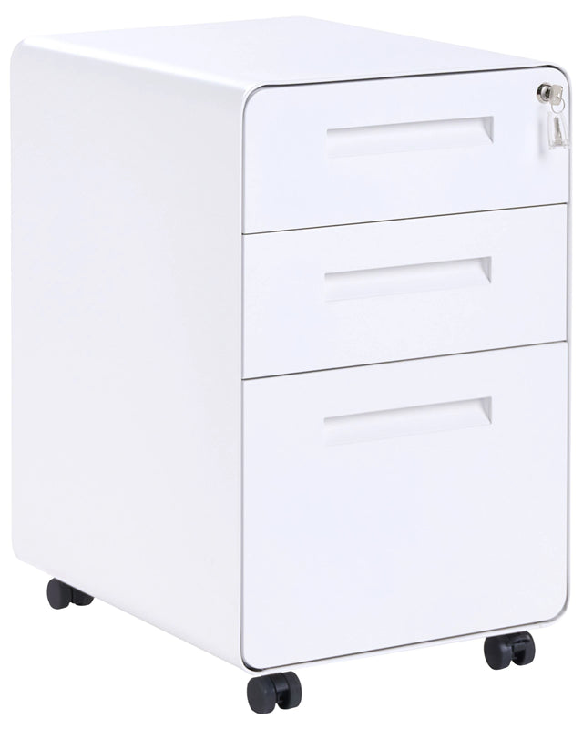Storage Cabinet White Steel 3 Drawers  with Wheels Key-Locked Modern Office Beliani