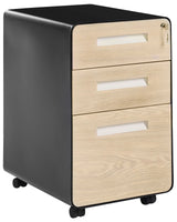 Storage Cabinet Black and Light Brown Steel 3 Drawers  with Wheels Key-Locked Modern Office Beliani