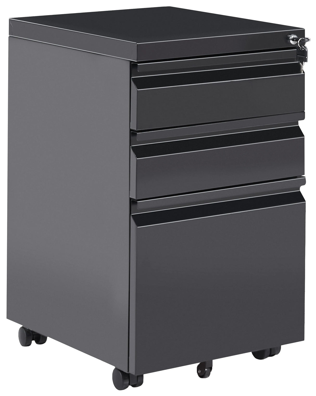 Storage Cabinet Black Steel 3 Drawers with Plastic Wheels Key-Locked Modern Office Beliani