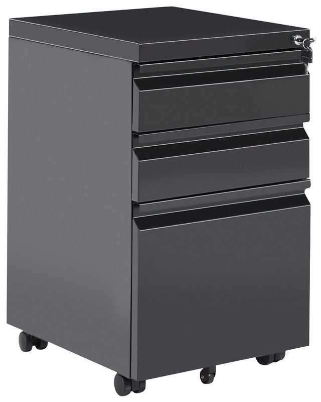 Storage Cabinet Black Steel 3 Drawers with Plastic Wheels Key-Locked Modern Office Beliani