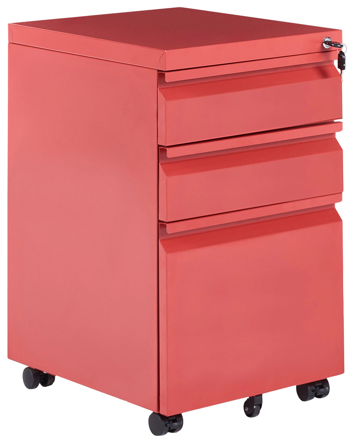 Storage Cabinet Red Steel 3 Drawers with Plastic Wheels Key-Locked Modern Office Beliani