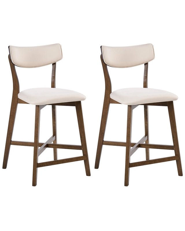 Set of 2 Bar Chairs Brown and Off-White Rubberwood Frame Fabric Seat Armless Retro Design Beliani