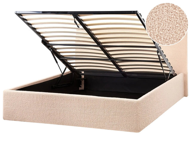 Bed Frame Beige Boucle Upholstery EU Small Double Size 4ft Lift Up Storage with Headboard Beliani