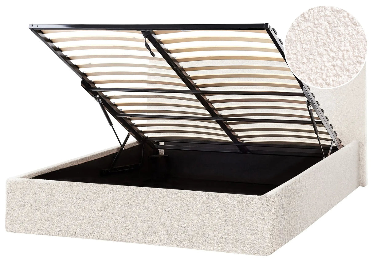 Bed Frame Off-White Boucle Upholstery EU Small Double Size 4ft Lift Up Storage with Headboard Beliani