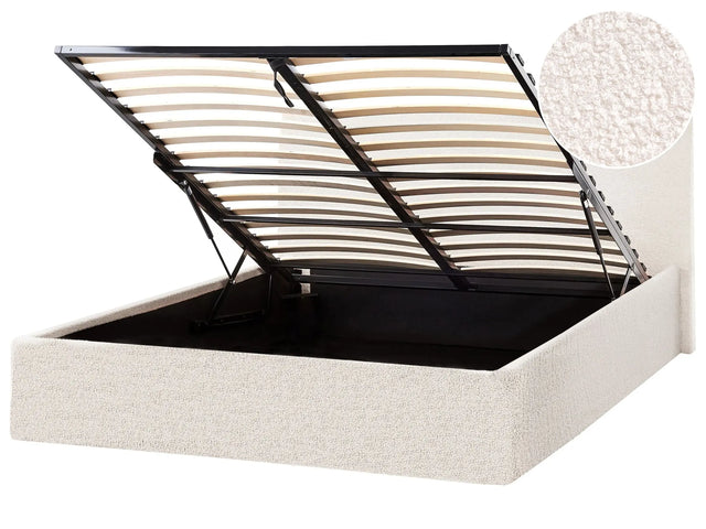 Bed Frame Off-White Boucle Upholstery EU Small Double Size 4ft Lift Up Storage with Headboard Beliani