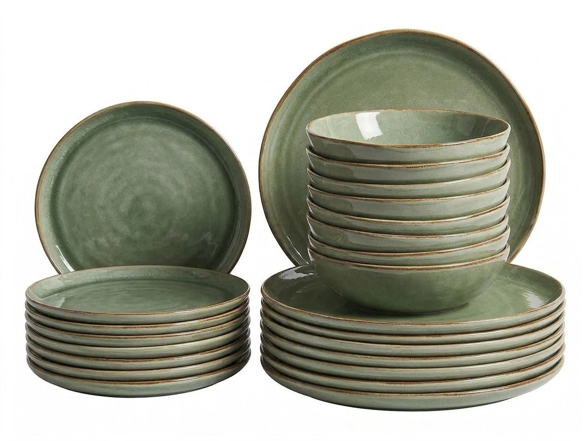 Set of 24 Pieces Green Stoneware Kaolin Handmade Reactive Glaze Finish Service for 8 People Kitchen Dining Room Beliani