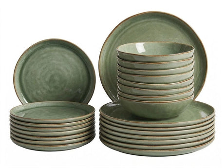 Set of 24 Pieces Green Stoneware Kaolin Handmade Reactive Glaze Finish Service for 8 People Kitchen Dining Room Beliani
