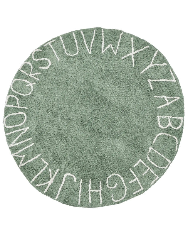 Area Rug Green Cotton  120 cm Round Handmade with Alphabet Boho Style Living Room Kids Children's Room Beliani