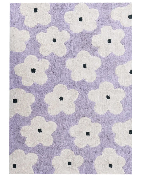 Area Rug Light Violet Cotton 140 x 200 cm Decorative Flowers Pattern Boho Style Living Room Kids Children's Room Beliani