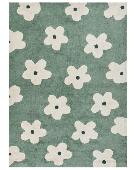 Area Rug Green Cotton 160 x 230 cm Decorative Flowers Pattern Boho Style Living Room Kids Children's Room Beliani