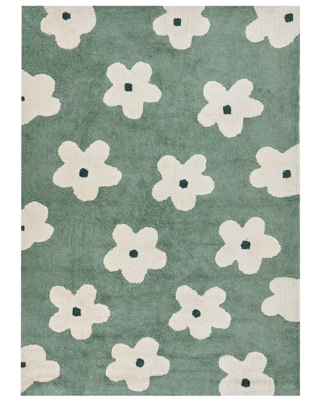 Area Rug Green Cotton 160 x 230 cm Decorative Flowers Pattern Boho Style Living Room Kids Children's Room Beliani