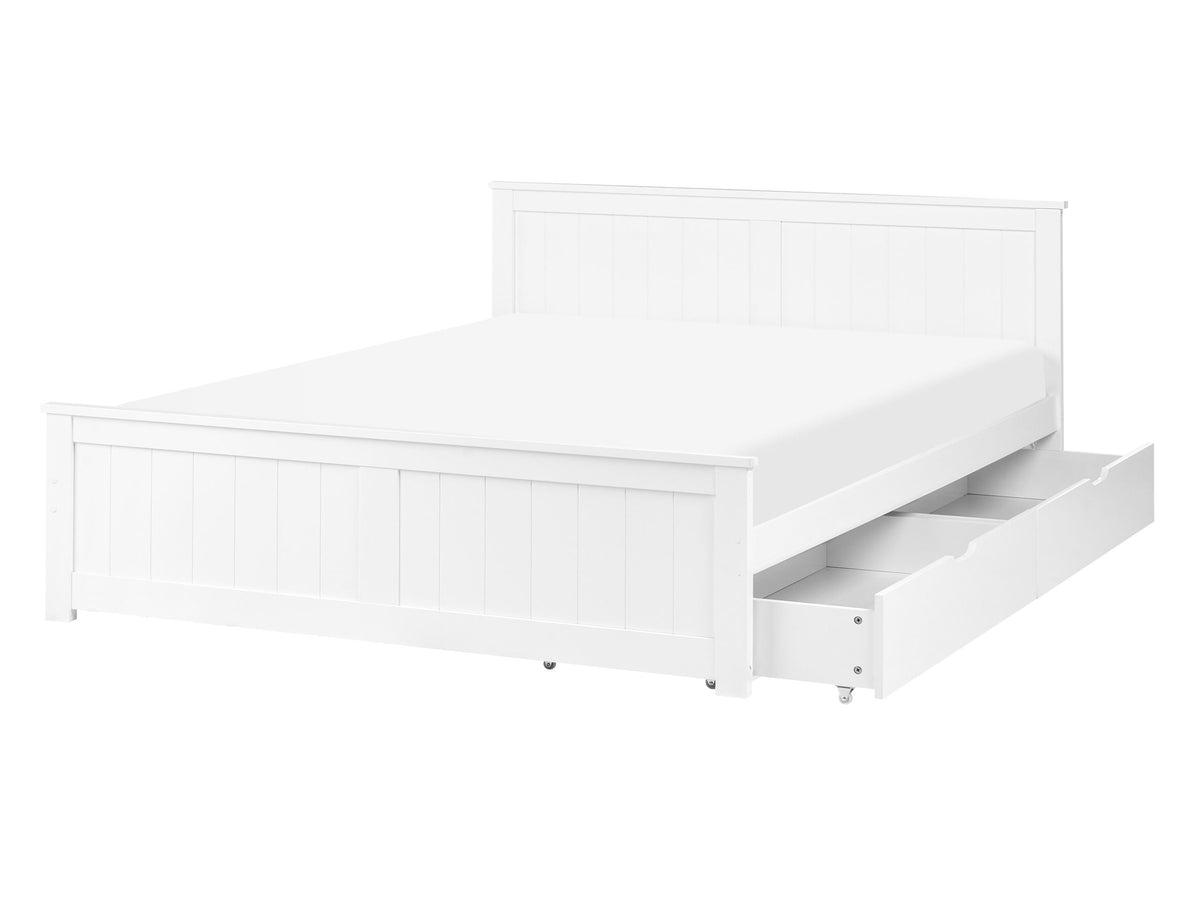 Bed Frame White Pine Wood MDF EU Double Size 4ft6 with Drawers Headboard Minimalist Beliani