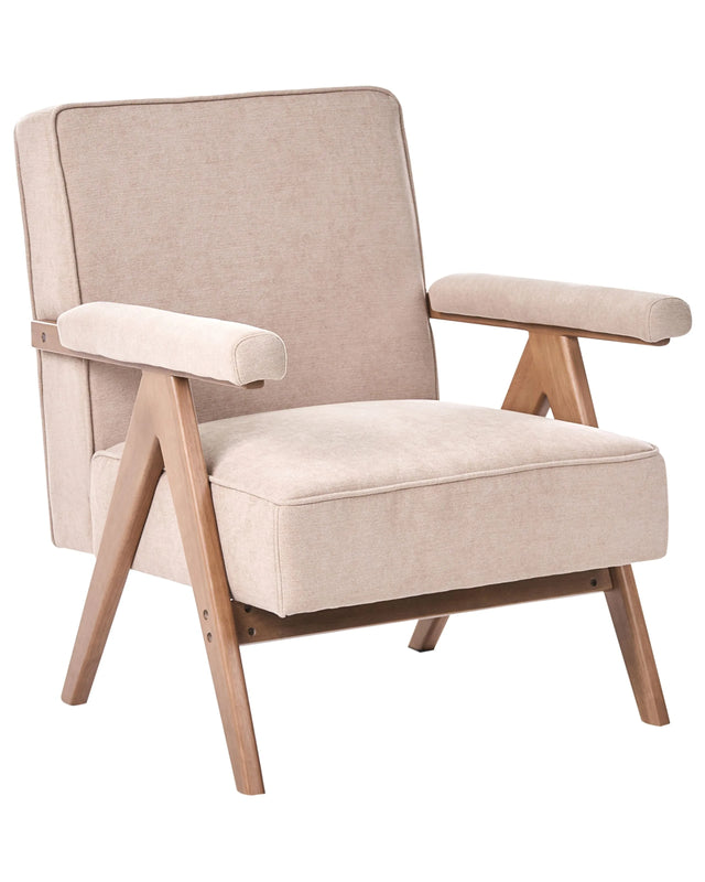 Armchair Taupe Faux Linen Fabric Upholstery Retro Design Wooden Frame Armrests Living Room Beliani