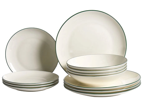 Set of 12 Dinnerware Off-White and Green Decorative Edges Porcelain Transparent Glaze Finish Kitchen Dining Room Beliani