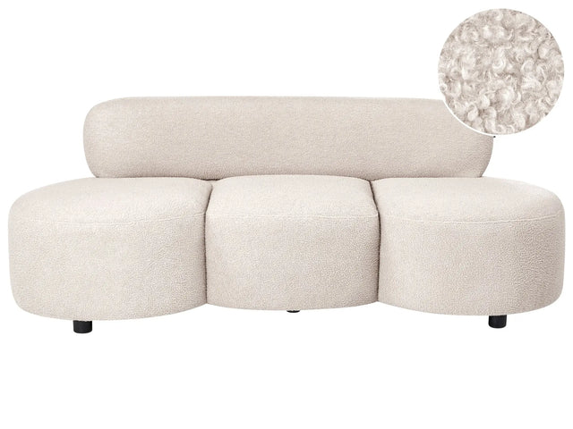 3 Seater Sofa Beige  Boucle Upholstery Couch without Armrests Curved Backrest Retro-Inspired Living Room Beliani