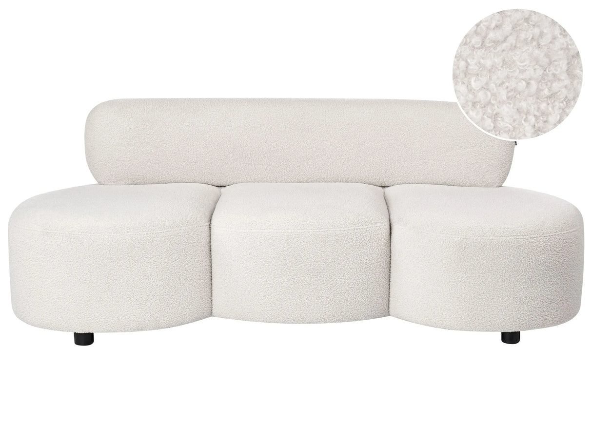 3 Seater Sofa Off-White Boucle Upholstery Couch without Armrests Curved Backrest Retro-Inspired Living Room Beliani