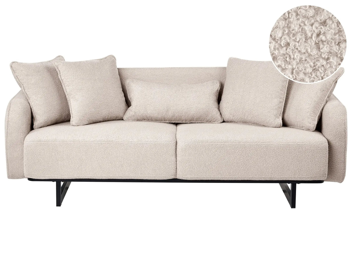 3 Seater Sofa Beige Boucle Upholstery Couch with Armrests Additional Pillows Modern Living Room Beliani