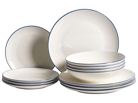 Set of 12 Dinnerware Off-White and Blue Decorative Edges Porcelain Transparent Glaze Finish Kitchen Dining Room Beliani