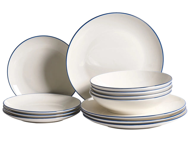 Set of 12 Dinnerware Off-White and Blue Decorative Edges Porcelain Transparent Glaze Finish Kitchen Dining Room Beliani