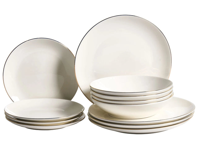 Set of 12 Dinnerware Off-White and Gold Decorative Edges Porcelain Transparent Glaze Finish Kitchen Dining Room Beliani