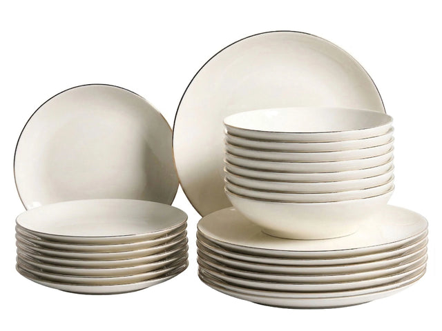 Set of 24 Dinnerware Off-White and Gold Decorative Edges Porcelain Transparent Glaze Finish Kitchen Dining Room Beliani