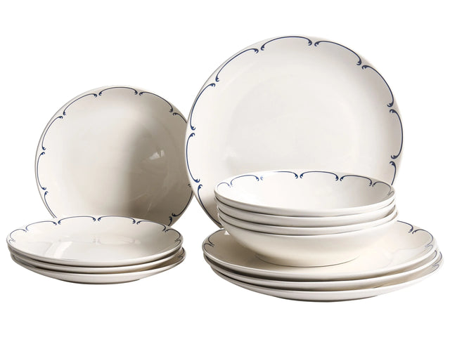 Set of 12 Dinnerware White and Blue Decorative Edges Porcelain Transparent Glaze Finish Kitchen Dining Room Beliani