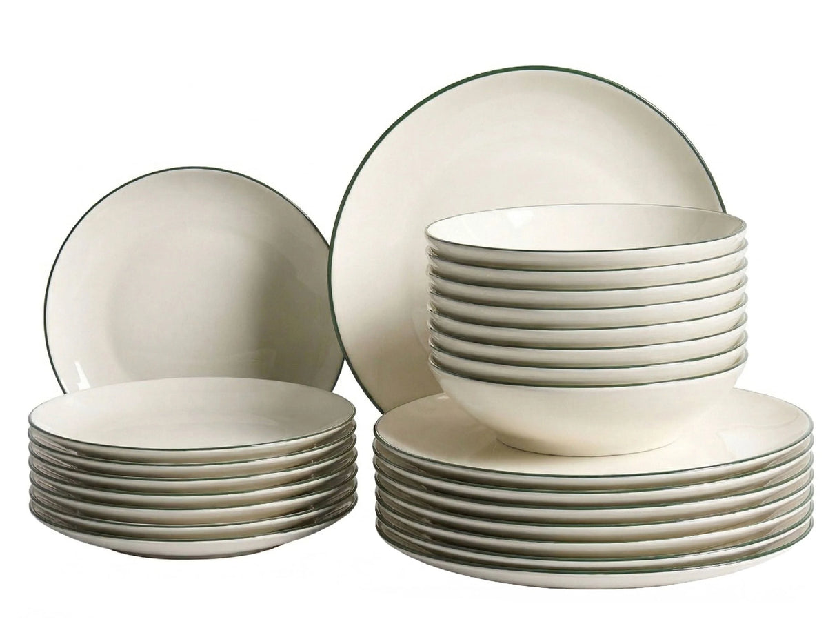 Set of 24 Dinnerware Off-White and Green Decorative Edges Porcelain Transparent Glaze Finish Kitchen Dining Room Beliani