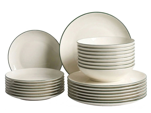 Set of 24 Dinnerware Off-White and Green Decorative Edges Porcelain Transparent Glaze Finish Kitchen Dining Room Beliani