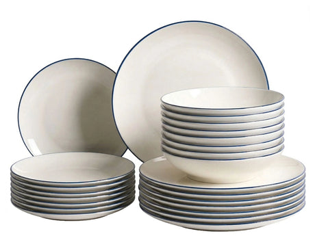 Set of 24 Dinnerware Off-White and Blue Decorative Edges Porcelain Transparent Glaze Finish Kitchen Dining Room Beliani