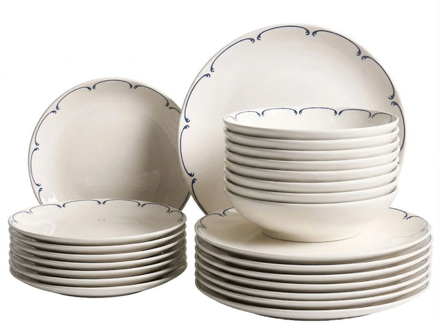 Set of 24 Dinnerware White and Blue Decorative Edges Porcelain Transparent Glaze Finish Kitchen Dining Room Beliani