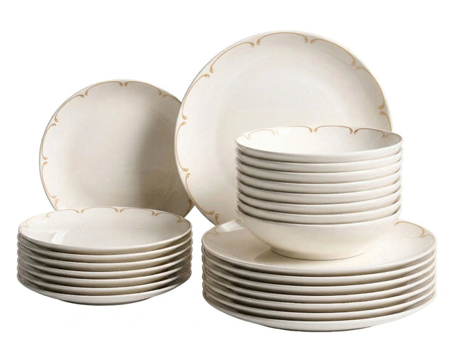 Set of 24 Dinnerware White and Gold Decorative Edges Porcelain Transparent Glaze Finish Kitchen Dining Room Beliani
