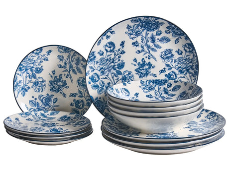 Set of 12 Dinnerware Blue Decorative Floral Pattern Porcelain Transparent Glaze Finish Kitchen Dining Room Beliani