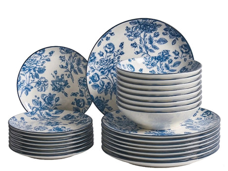 Set of 24 Dinnerware Blue Decorative Floral Pattern Porcelain Transparent Glaze Finish Kitchen Dining Room Beliani