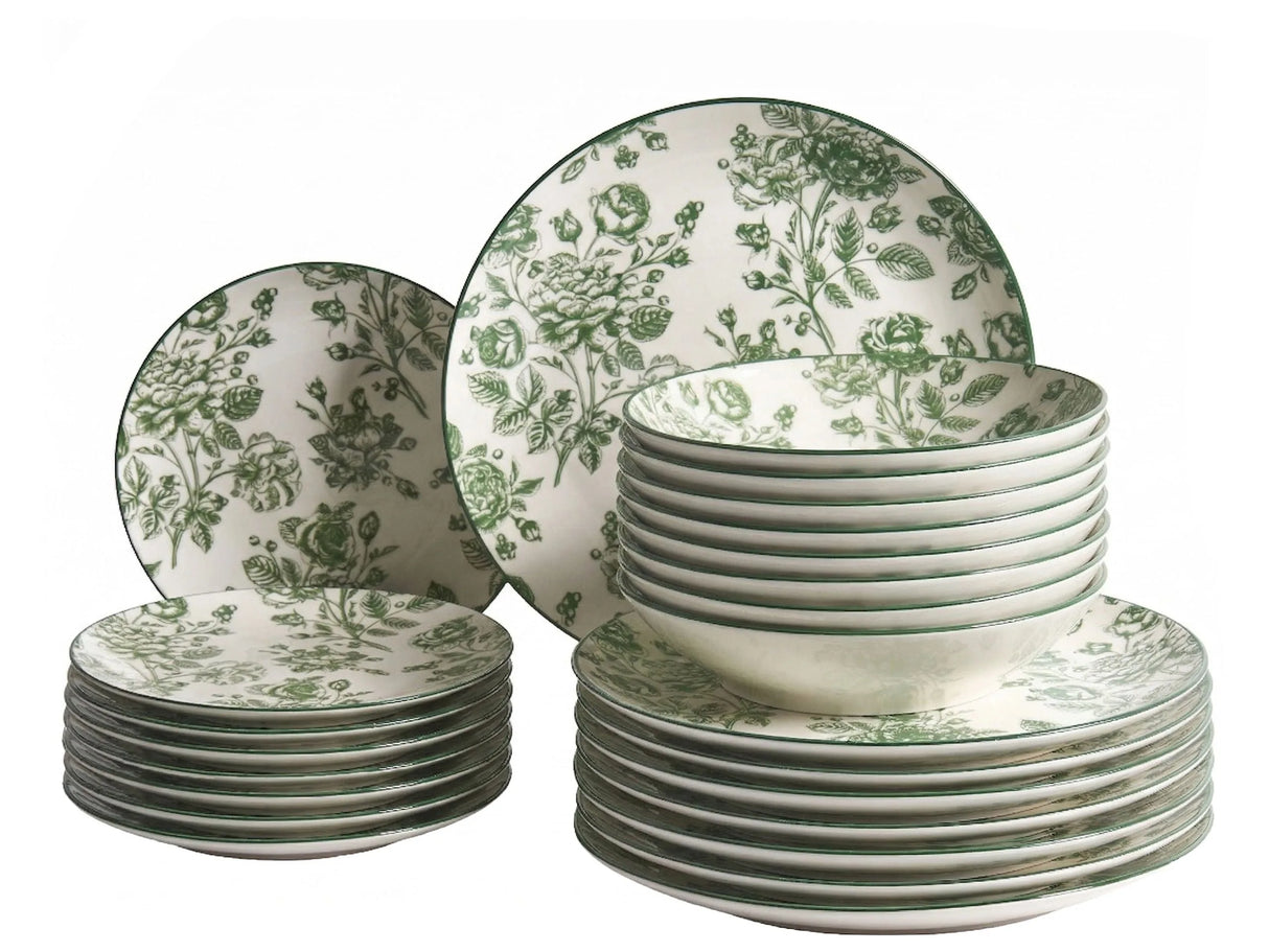 Set of 24 Dinnerware Green Decorative Floral Pattern Porcelain Transparent Glaze Finish Kitchen Dining Room Beliani