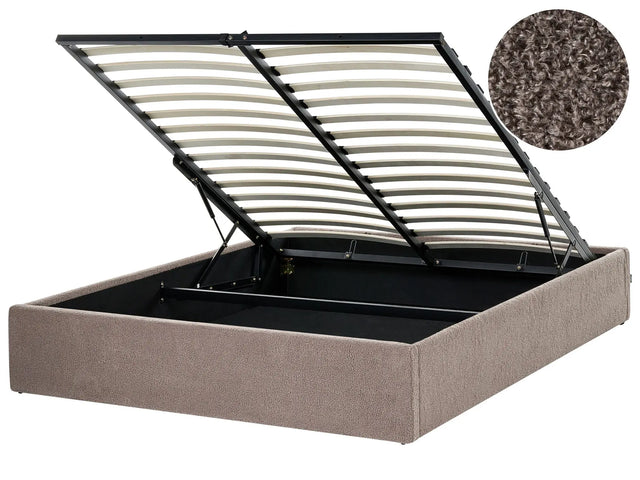 Slatted Bed Frame Taupe Boucle Upholstered Ottoman Storage 4ft6 EU Double Size Modern Design Beliani