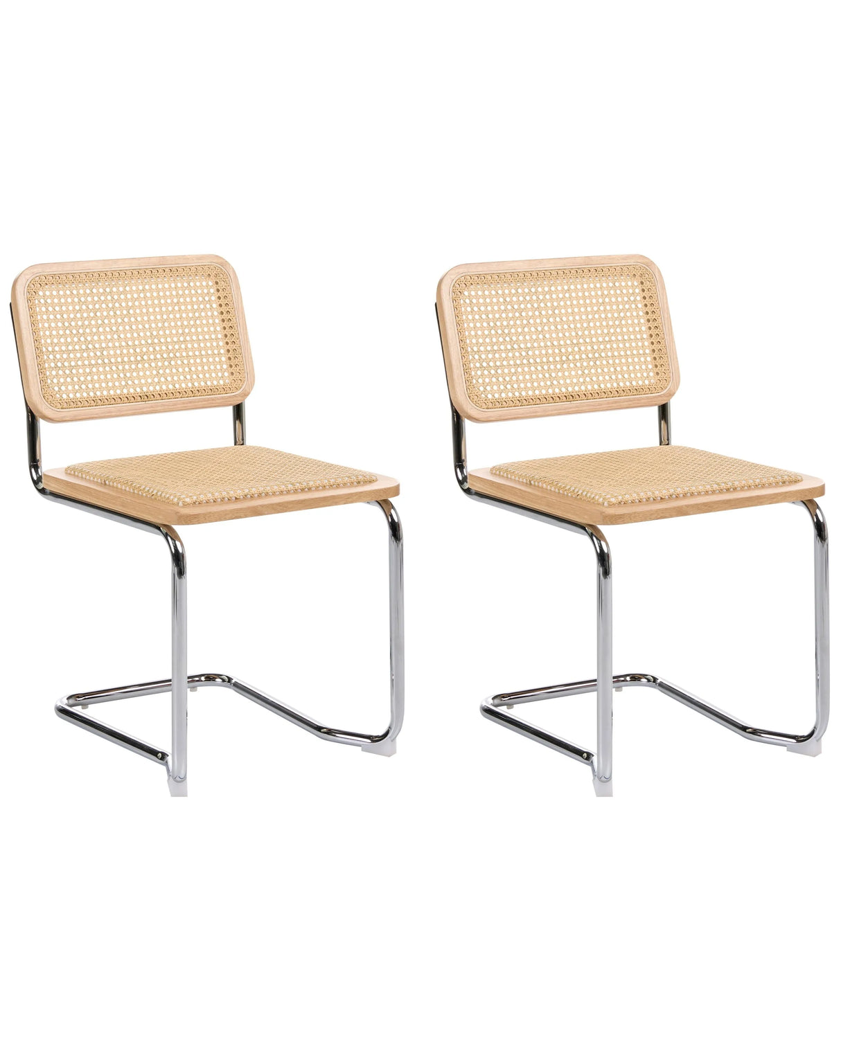 Set of 2 Dining Chairs Light Brown and Natural Rattan Cantilever Silver Legs Armless Retro Design Beliani