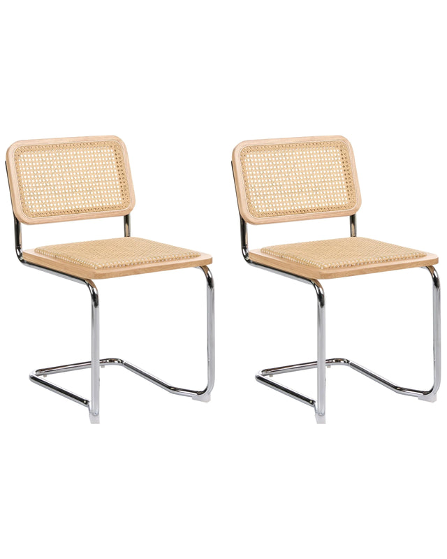 Set of 2 Dining Chairs Light Brown and Natural Rattan Cantilever Silver Legs Armless Retro Design Beliani