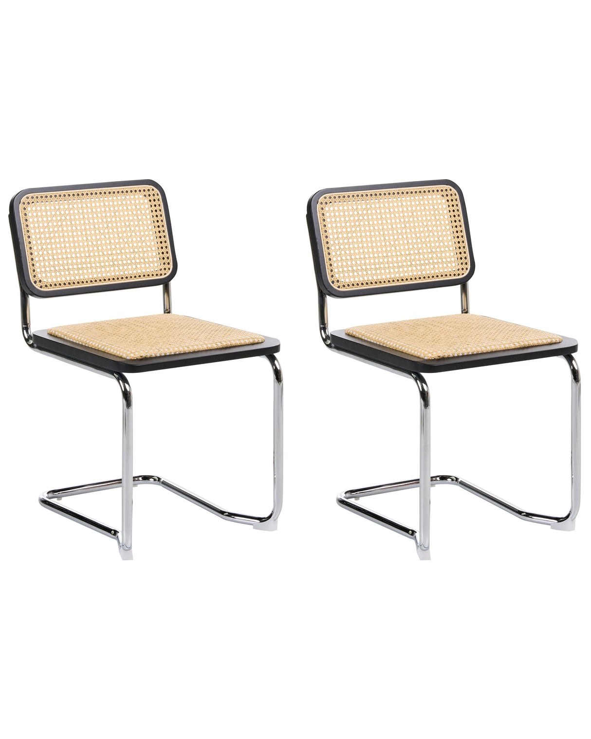Set of 2 Dining Chairs Black and Natural Rattan Cantilever Silver Legs Armless Retro Design Beliani