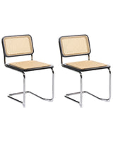 Set of 2 Dining Chairs Black and Natural Rattan Cantilever Silver Legs Armless Retro Design Beliani
