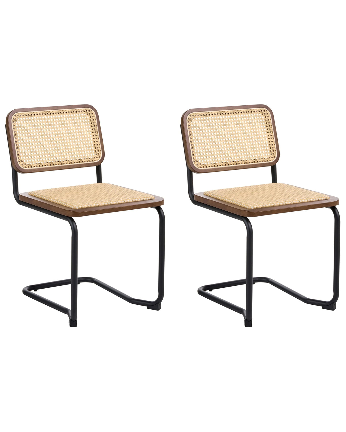 Set of 2 Dining Chairs Brown and Natural Rattan Cantilever Silver Legs Armless Retro Design Beliani