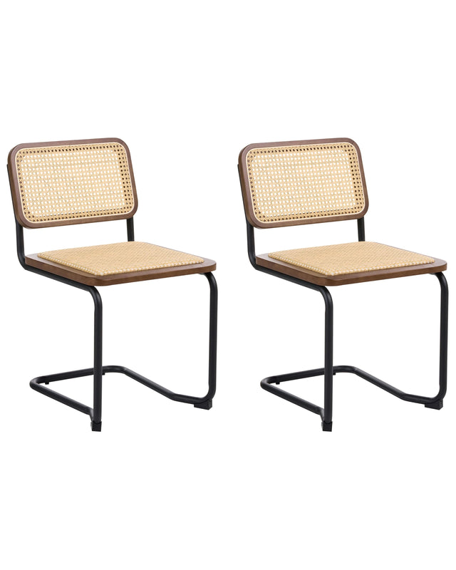 Set of 2 Dining Chairs Brown and Natural Rattan Cantilever Silver Legs Armless Retro Design Beliani