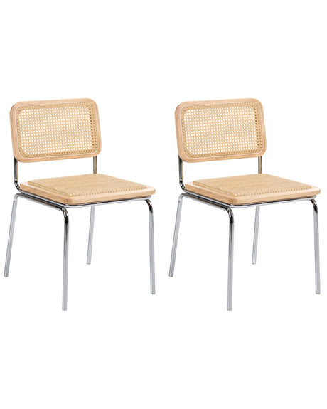 Set of 2 Dining Chairs Light Brown PE Rattan Seat and Backrest Iron Legs Armless Protective Caps Modern Boho Design Beliani