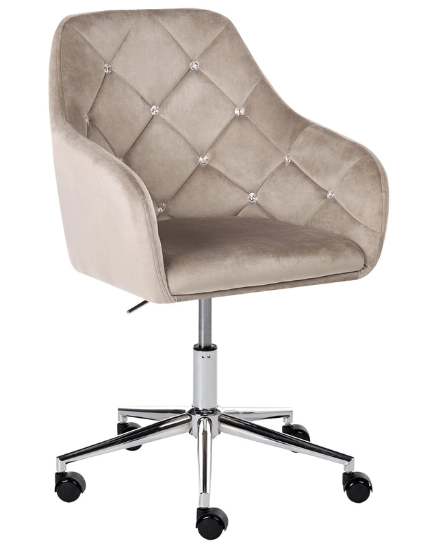 Office Chair Beige Velvet Gas Lift Height Adjustable with Crystals Tufted Backrest and Full Swivel Glam Style Home Office Beliani