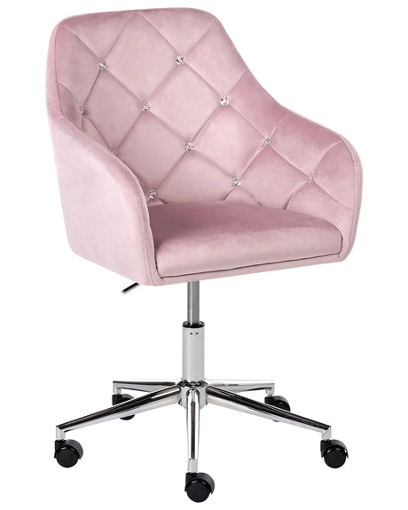 Office Chair Pastel Pink Velvet Gas Lift Height Adjustable with Crystals Tufted Backrest and Full Swivel Glam Style Home Office Beliani