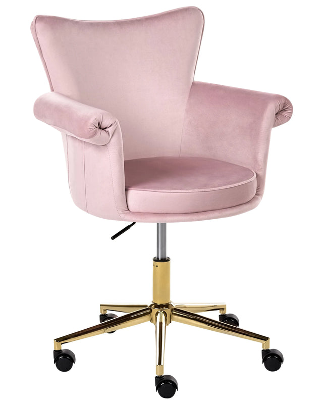Office Chair Pastel Pink Velvet Gas Lift Height Adjustable Full Swivel Rolled Armrests Modern Style Home Office Beliani