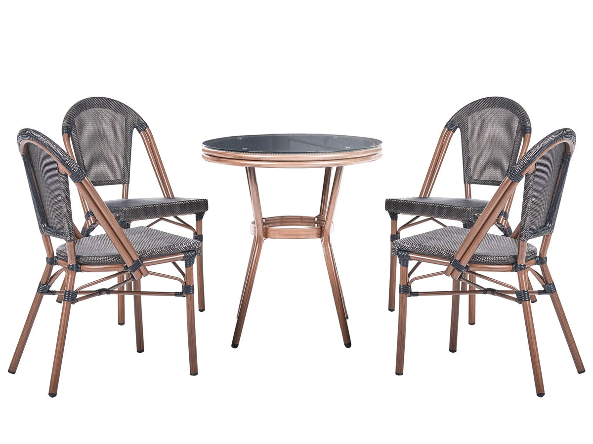 4 Seater Garden Dining Set Grey PE Rattan Top  70 Table and 4 Stackable Aluminium Frame Beliani