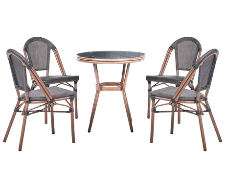 4 Seater Garden Dining Set Grey PE Rattan Top  70 Table and 4 Stackable Aluminium Frame Beliani