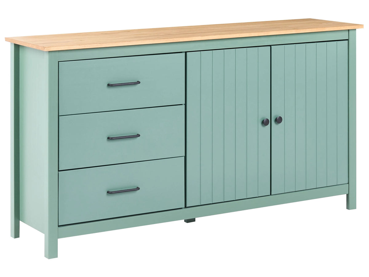 Sideboard Green 2 Door Shelves and Drawers Pine Wood Storage Living Room Scandinavian Style Beliani
