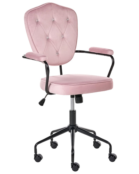 Office Chair Pastel Pink Velvet Height Adjustable Seat and Backrest with Crystals Tufted Backrest and Full Swivel Glam Style Home Office Beliani